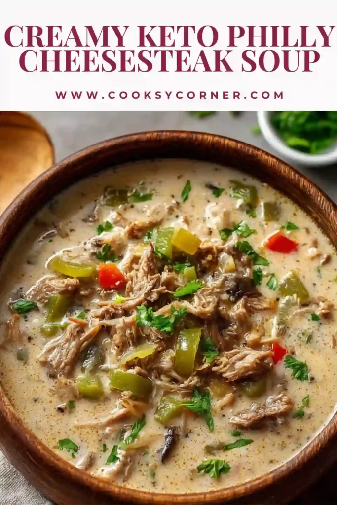 Creamy Keto Philly Cheesesteak Soup served warm with mushrooms, bell peppers, and tender roast beef. The cheesy broth makes this keto comfort food incredibly satisfying.