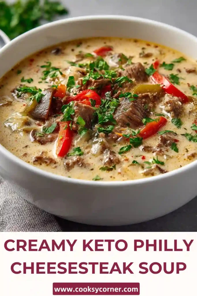 Close-up of a creamy low carb Philly cheesesteak soup with shredded beef and melted cheese. This keto soup recipe is perfect for hearty family dinners.