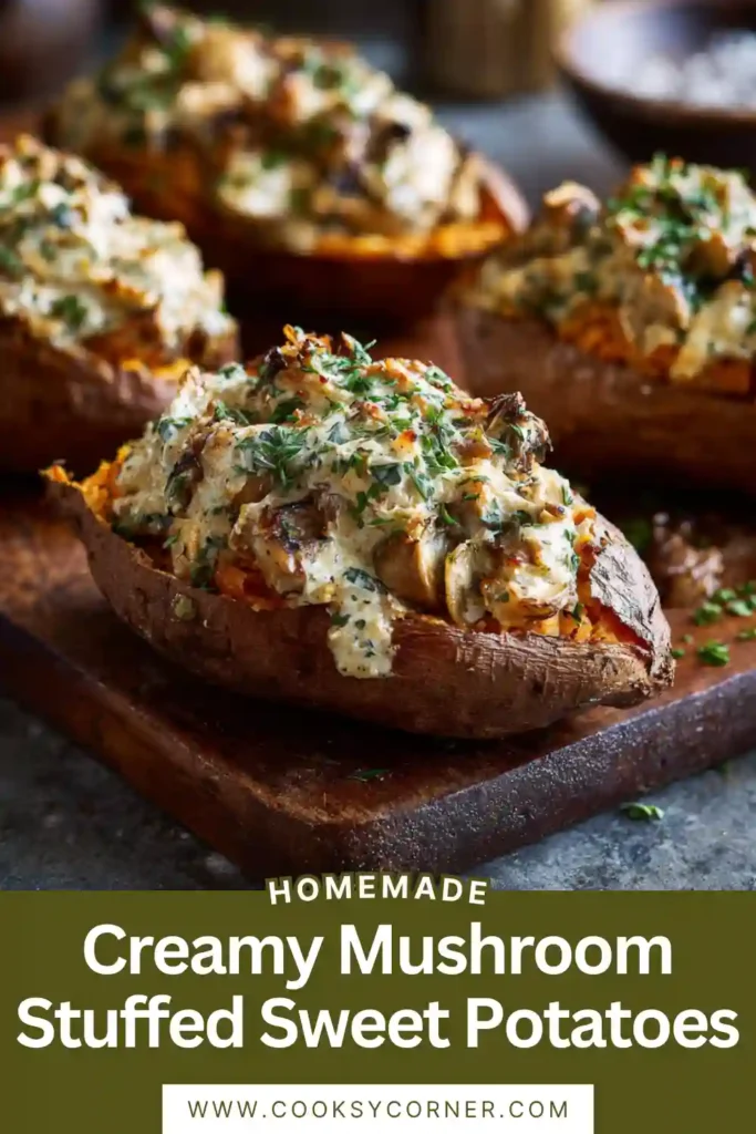 Creamy Mushroom Stuffed Sweet Potatoes served warm with a rich mushroom filling and fresh thyme garnish. The roasted sweet potatoes are tender and packed with savory flavor.