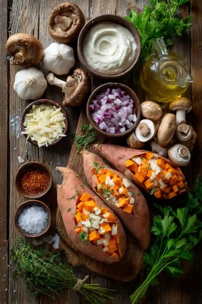 Stuffed sweet potatoes filled with creamy garlic mushrooms and herbs on a serving platter. A nutritious vegetarian recipe with rich texture and flavor.