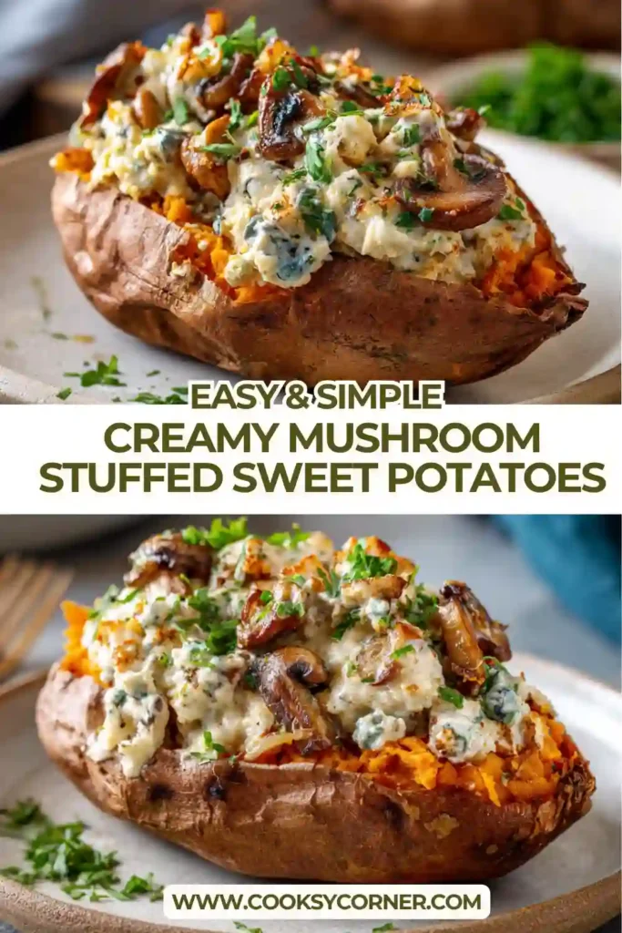 Roasted sweet potatoes filled with creamy mushrooms, Parmesan, and fresh parsley. A hearty vegetarian dinner with a delicious sweet and savory balance.