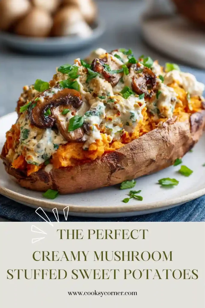 Homemade Creamy Mushroom Stuffed Sweet Potatoes garnished with fresh thyme and Parmesan cheese. A wholesome meal perfect for weeknight dinners.