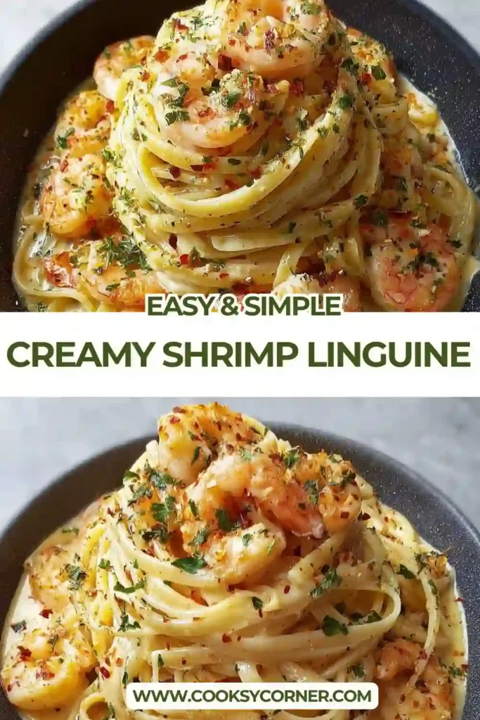 Creamy shrimp linguine pasta served in a skillet with garlic Parmesan sauce and fresh parsley. This seafood pasta recipe looks rich, comforting, and flavorful.