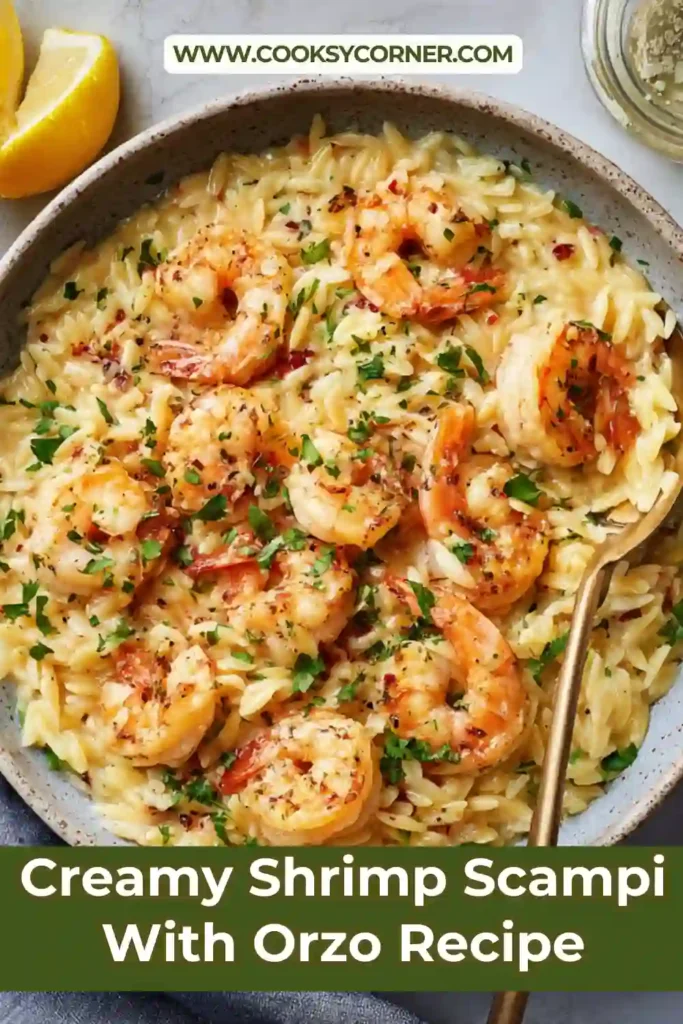 Close-up of Creamy Shrimp Scampi With Orzo topped with freshly grated Parmesan, parsley, and lemon zest. This creamy seafood recipe is ideal for family dinners and special occasions.