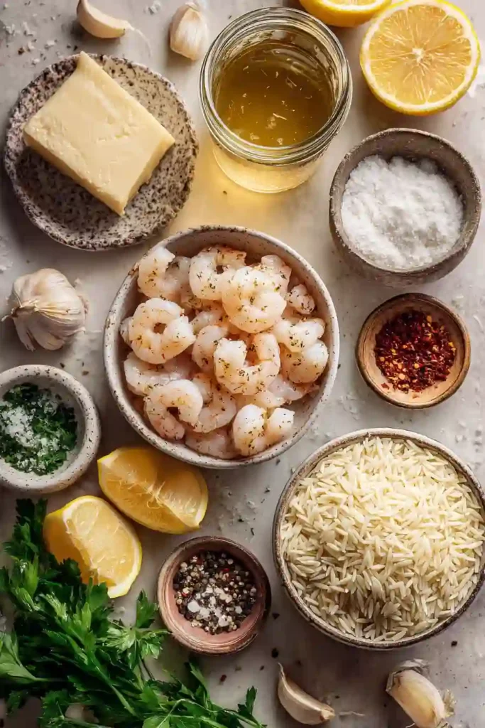 Freshly prepared Creamy Shrimp Scampi With Orzo garnished with parsley and lemon slices in a cast iron skillet. A flavorful one-pan seafood dinner featuring garlic, cream, and Parmesan cheese.