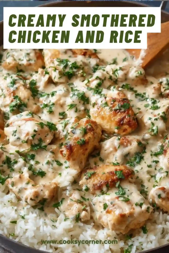 A bowl of creamy smothered chicken and rice topped with fresh parsley and coated in a rich Parmesan cream sauce. Tender chicken pieces are served over fluffy white rice.