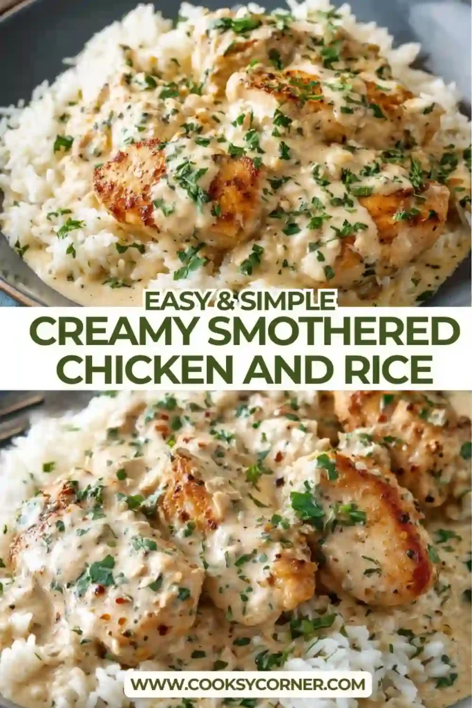 Creamy chicken and rice dinner featuring juicy chicken bites in a garlic Parmesan sauce. The dish is garnished with chopped parsley for added freshness.