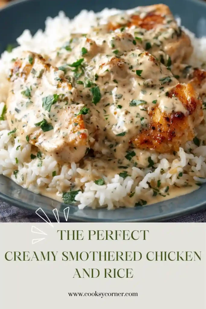 Homemade smothered chicken served over long-grain rice with a smooth creamy sauce. This comforting family dinner looks rich, hearty, and satisfying.
