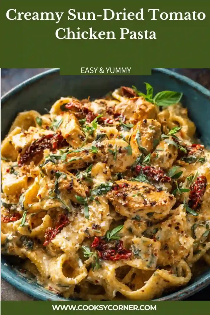 A bowl of Creamy Sun-Dried Tomato Chicken Pasta topped with parmesan cheese and fresh spinach. The creamy sauce coats every piece of pasta and tender chicken perfectly.