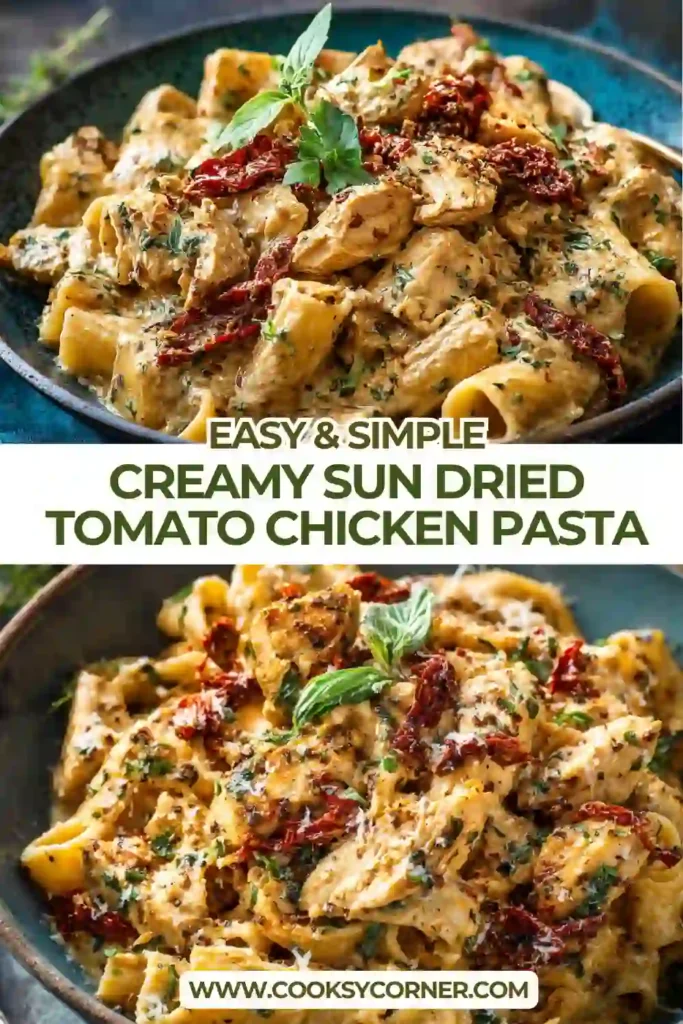 Creamy chicken pasta with sun-dried tomatoes, parmesan cheese, and spinach served in a rustic bowl. This easy pasta recipe looks rich, savory, and comforting.