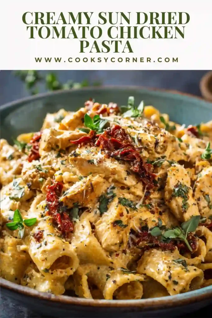 Close-up of creamy sun-dried tomato chicken pasta with tender chicken pieces and fresh spinach. The parmesan cream sauce creates a rich Italian-inspired dinner.