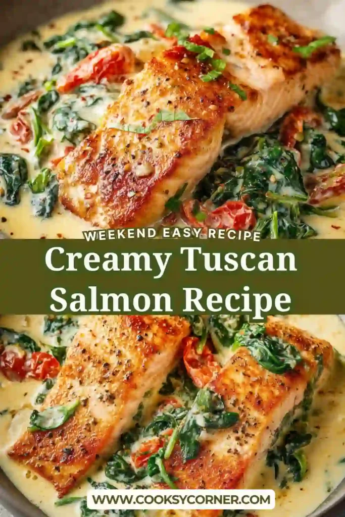 Close-up of creamy salmon with wilted spinach and sun-dried tomatoes in a skillet.