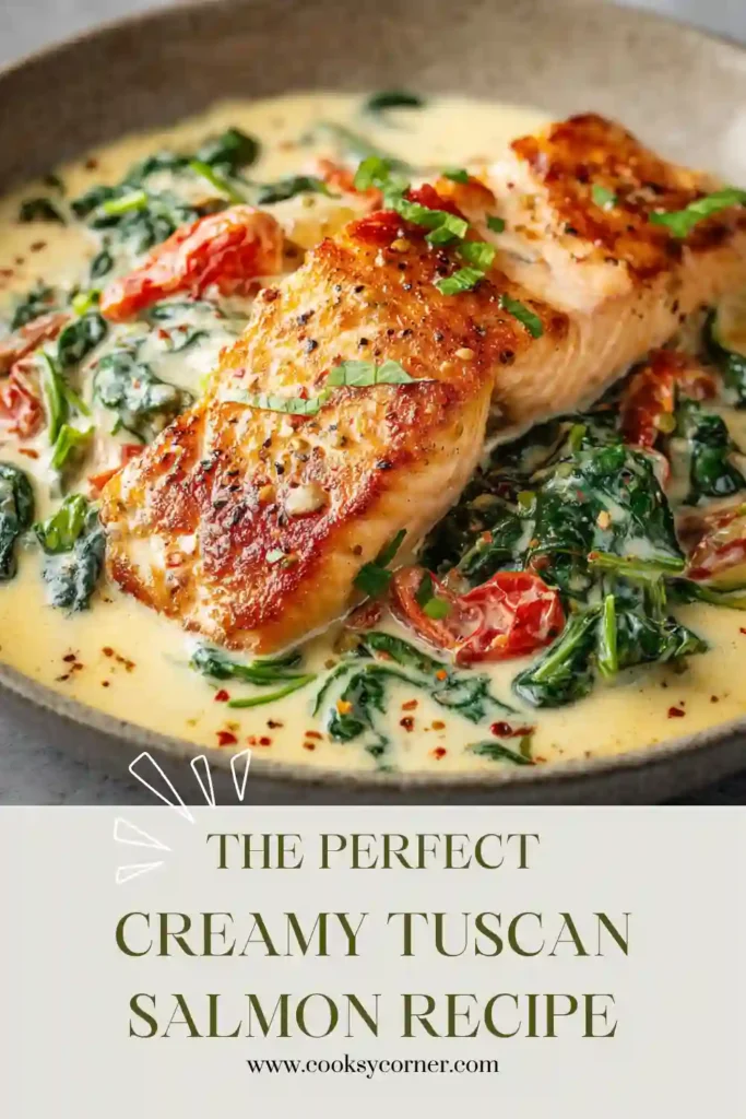 Pan-seared salmon topped with creamy Tuscan sauce and garnished with fresh basil and Parmesan cheese.