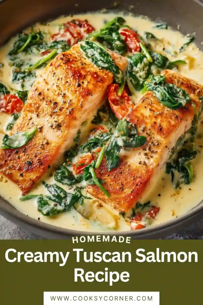 Creamy Tuscan Salmon served in a skillet with spinach, sun-dried tomatoes, and a rich garlic cream sauce.