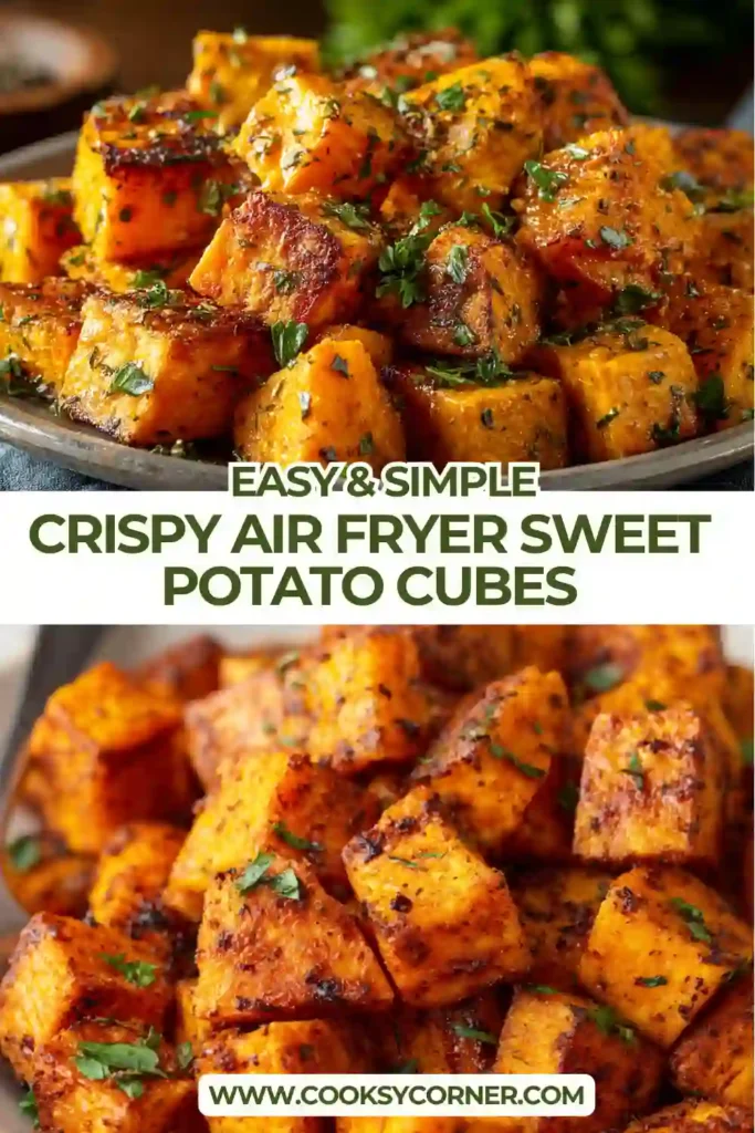 Close-up of crispy sweet potato cubes cooked in the air fryer and topped with fresh parsley. This easy healthy side dish features smoky spices and tender centers.