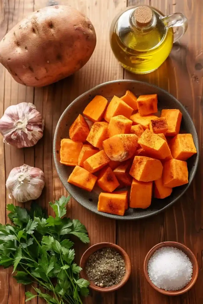 Homemade air fryer sweet potato cubes cooked until crispy and flavorful with garlic, paprika, and cumin seasoning. A quick and healthy vegetable side dish.