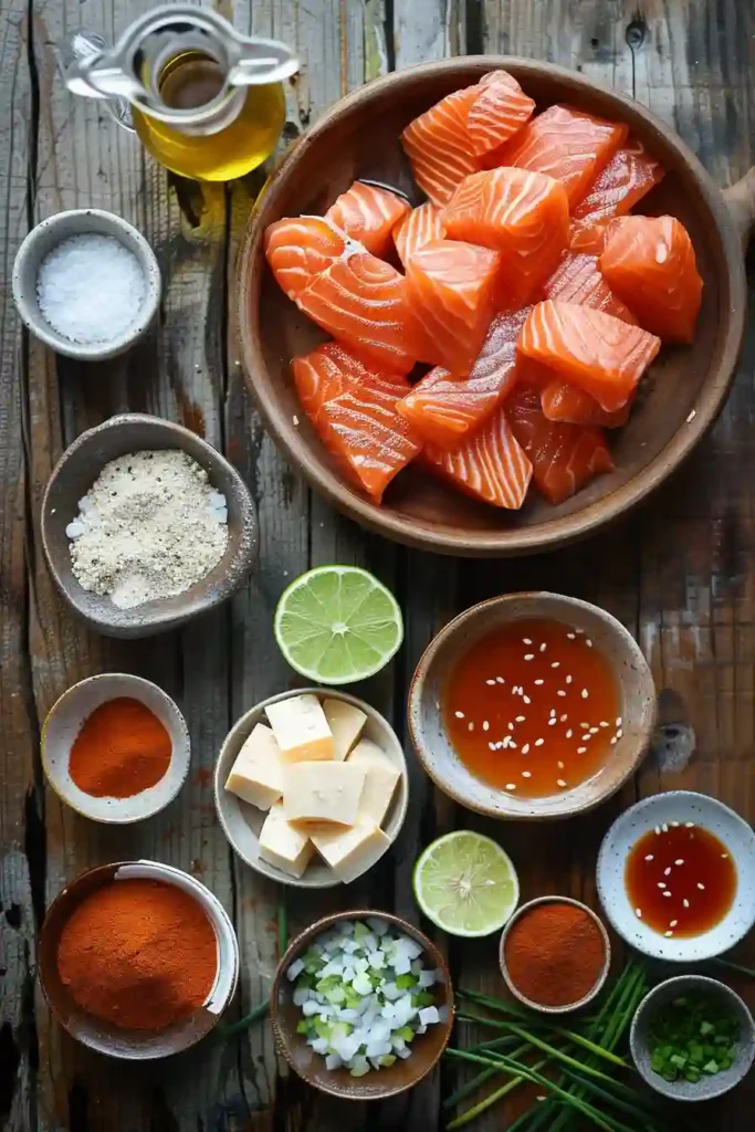 Golden Crispy Bang Bang Salmon Bites arranged in a bowl with spicy creamy sauce and sesame garnish. A quick and flavorful seafood dinner recipe.