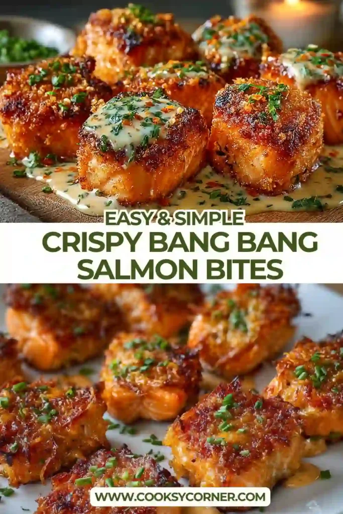 Close-up of crispy salmon bites drizzled with bang bang sauce on a serving plate. This easy salmon recipe features tender flaky salmon with a crunchy coating.