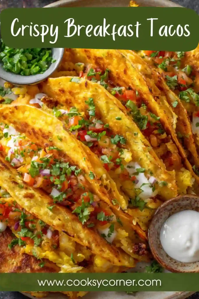 Crispy Potato Egg and Cheese Breakfast Tacos served with avocado slices and lime wedges on a plate. These cheesy breakfast tacos have golden crispy tortillas and fluffy scrambled eggs.