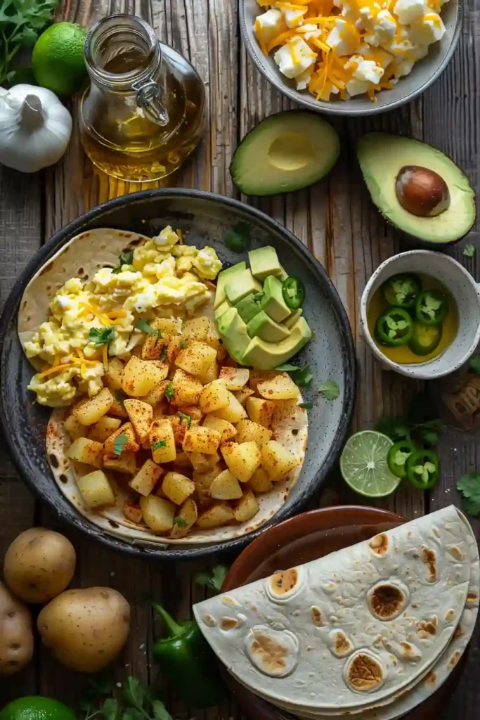 Easy breakfast tacos stuffed with crispy potatoes, scrambled eggs, cheddar cheese, and avocado slices. Served warm with lime wedges and dipping sauce.