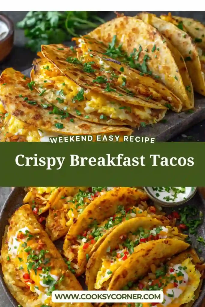 Homemade Crispy Potato Egg and Cheese Breakfast Tacos cooked in a skillet with melted cheddar cheese and fresh jalapeños. Perfect for a hearty Tex-Mex breakfast.