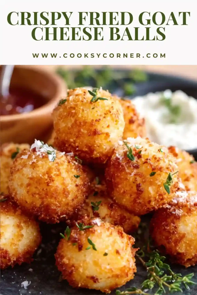 Golden Crispy Fried Goat Cheese Balls served warm with honey dipping sauce on a rustic appetizer platter. The crunchy panko coating contrasts beautifully with the creamy goat cheese center.