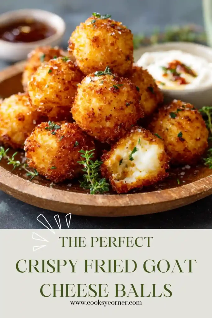 Close-up of crispy goat cheese bites with fresh thyme and flaky sea salt. These fried goat cheese appetizers are perfectly golden and ideal for entertaining.