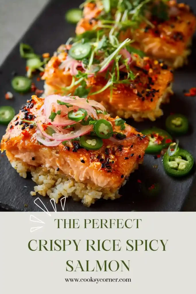 Crispy Rice Spicy Salmon topped with creamy avocado, jalapeño slices, and toasted sesame seeds on golden sushi rice cakes. This sushi-inspired appetizer has a crunchy texture and bold spicy flavor.