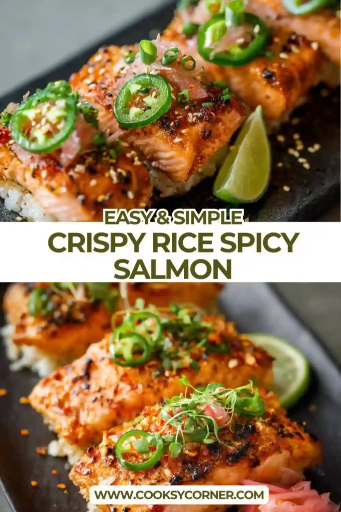 Golden crispy sushi rice topped with spicy salmon mixture and mashed avocado served on a white platter. The appetizer is garnished with sesame seeds and fresh jalapeños.