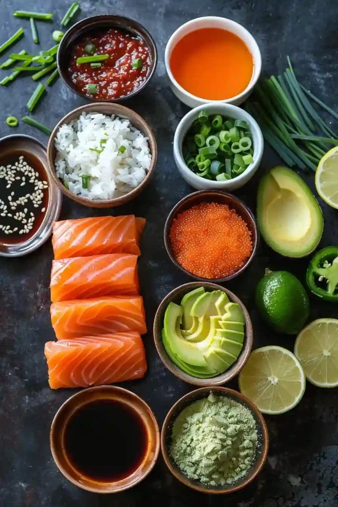 Close-up of Crispy Rice Spicy Salmon with crispy rice cakes, spicy salmon topping, avocado, and sesame garnish. The dish looks fresh, colorful, and full of texture.