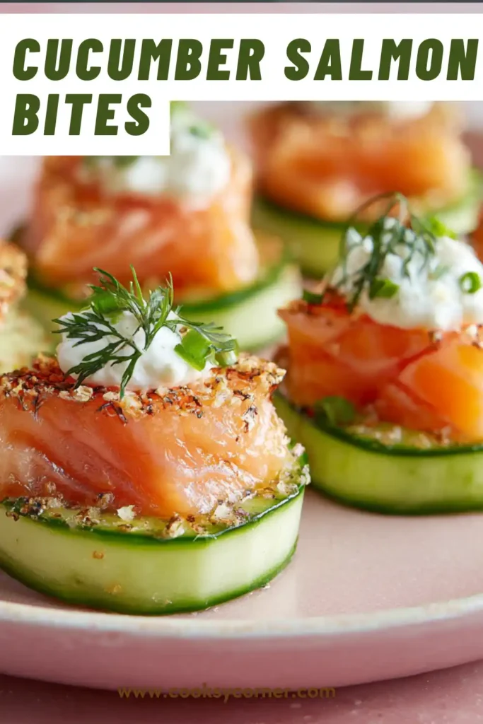 Cucumber salmon bites topped with cream cheese and smoked salmon arranged on a serving platter. The appetizer looks fresh, vibrant, and perfect for entertaining.