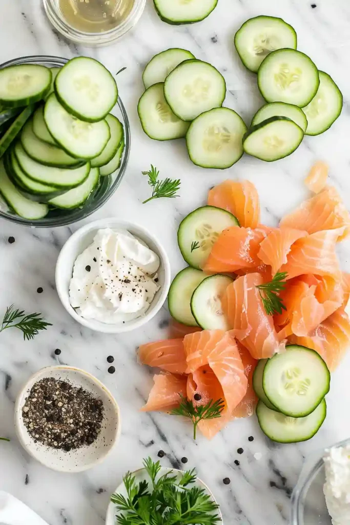 Fresh cucumber rounds topped with smooth cream cheese and delicate smoked salmon slices. A quick and easy no-cook appetizer.