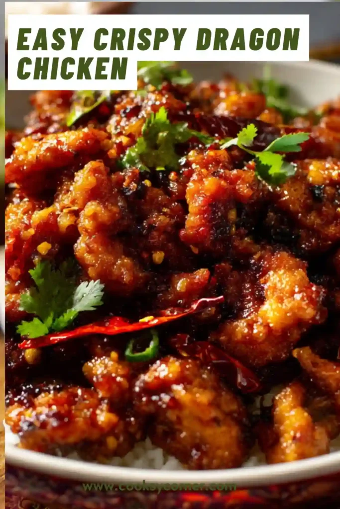 A bowl of crispy Dragon Chicken Recipe coated in spicy Indo-Chinese sauce with onions, capsicum, and crunchy cashews. The chicken looks golden, glossy, and full of bold flavor.
