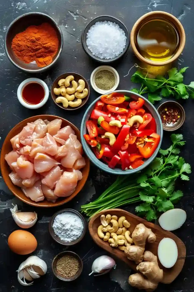 Close-up view of Dragon Chicken Recipe with crispy chicken pieces coated in flavorful Indo-Chinese sauce. Served with onions, capsicum, and toasted cashews.