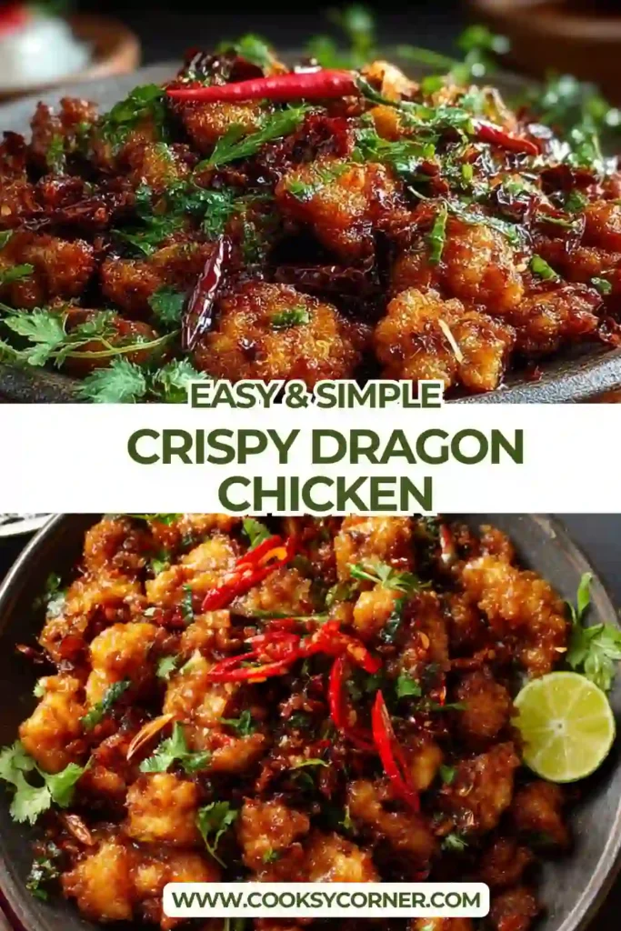 Restaurant-style Dragon Chicken Recipe served hot with crispy fried chicken strips, bell peppers, and red chilies. This spicy chicken appetizer has a rich and vibrant sauce.