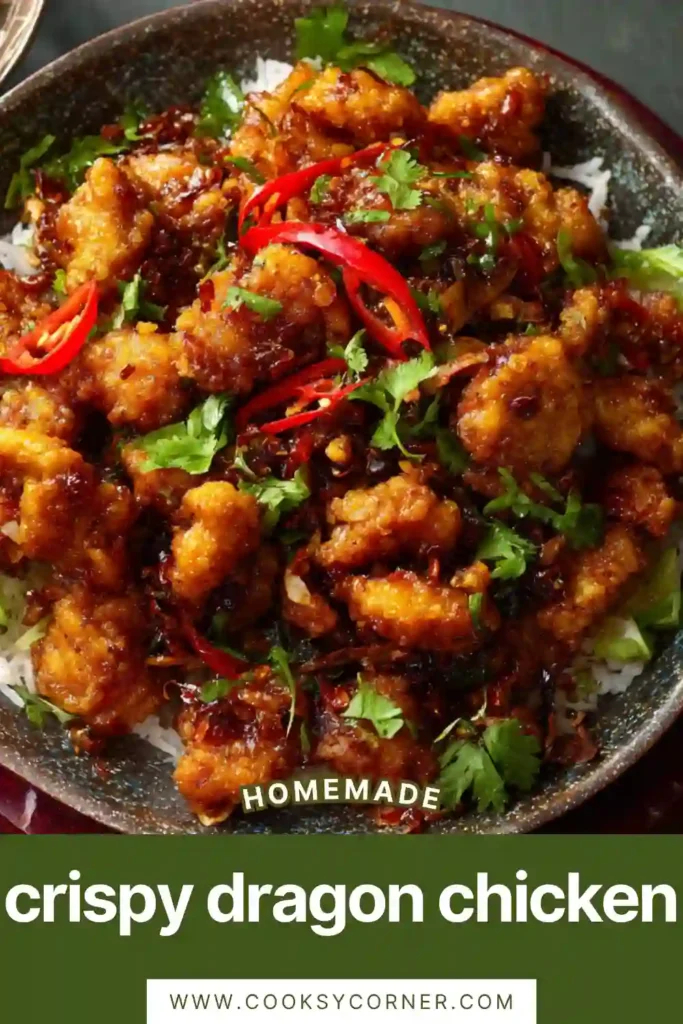 Homemade Dragon Chicken Recipe featuring crunchy chicken tossed with sweet and spicy chili garlic sauce. Fresh coriander and cashews add extra texture and flavor.