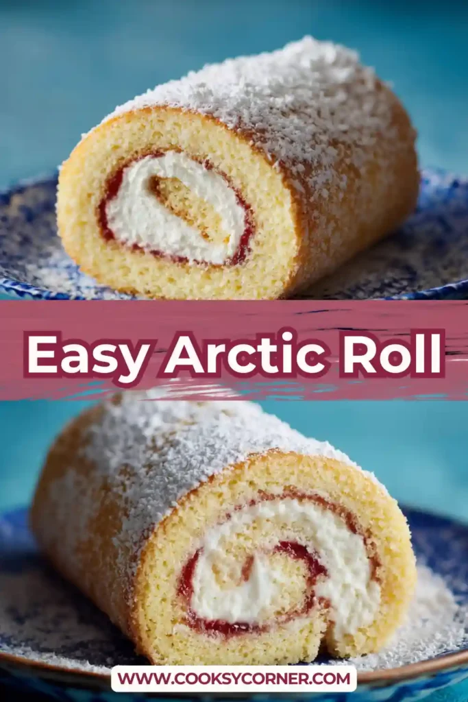 Close-up of Arctic Roll recipe highlighting the smooth ice cream core and fruity jam layer.
