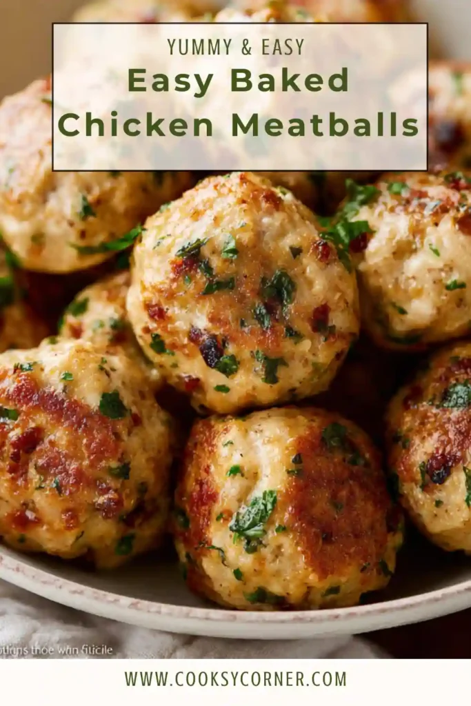 Healthy baked chicken meatballs served over pasta with fresh herbs and garlic butter drizzle.