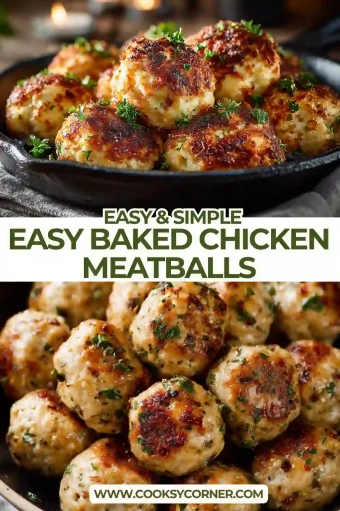 Close-up of baked chicken meatballs garnished with parsley and served with buttery lemon sauce.