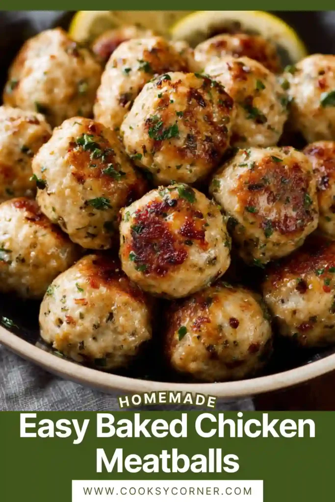 A tray of easy baked chicken meatballs topped with lemon garlic herb butter sauce, golden and juicy fresh from the oven.