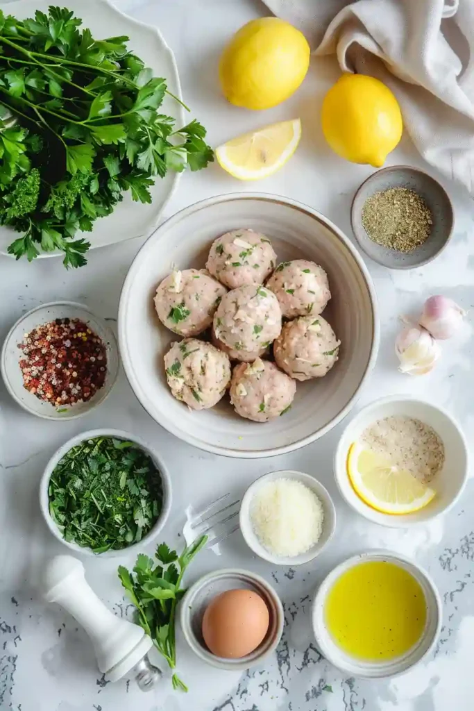 Oven baked chicken meatballs arranged on a plate with vibrant lemon garlic sauce and herbs.