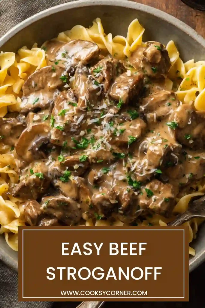 Classic Beef Stroganoff recipe featuring juicy beef slices, savory mushroom sauce, and fresh chives.