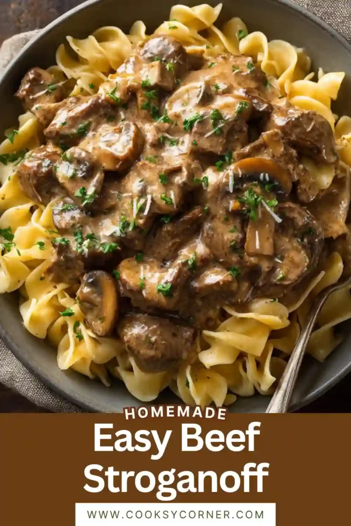 Homemade Beef Stroganoff with mushrooms and creamy sauce served over pasta for a comforting family dinner.