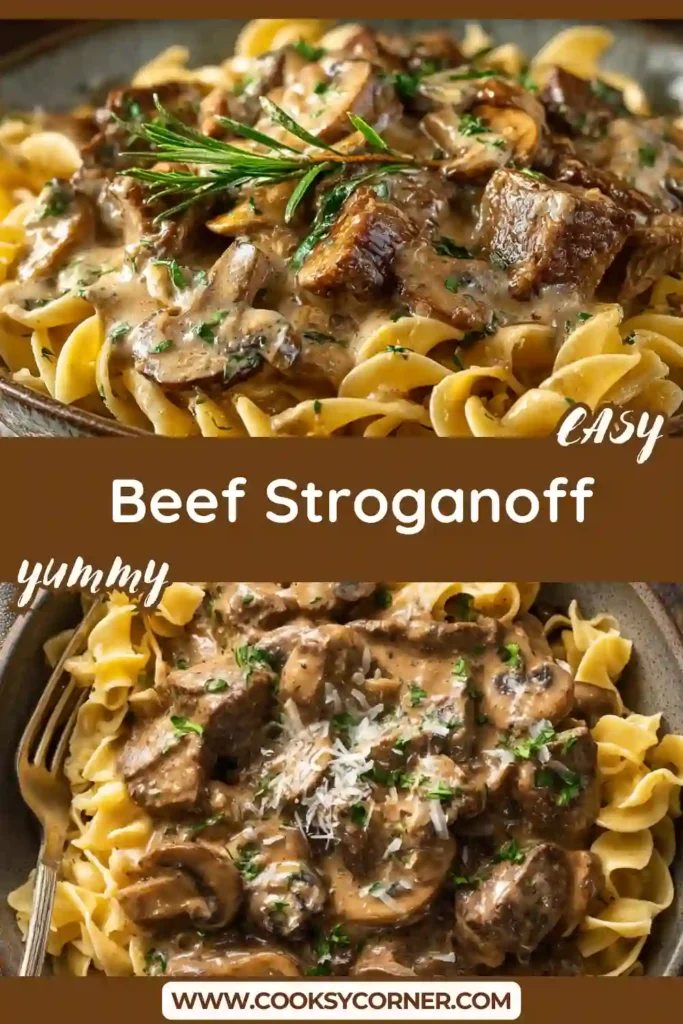A bowl of creamy Beef Stroganoff served over egg noodles with tender beef strips and golden mushrooms in a rich sour cream sauce.