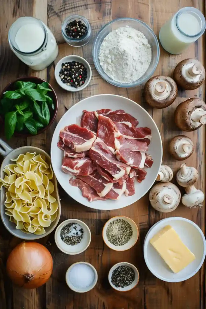 Easy Beef Stroganoff in a creamy mushroom sauce served warm over buttered noodles.