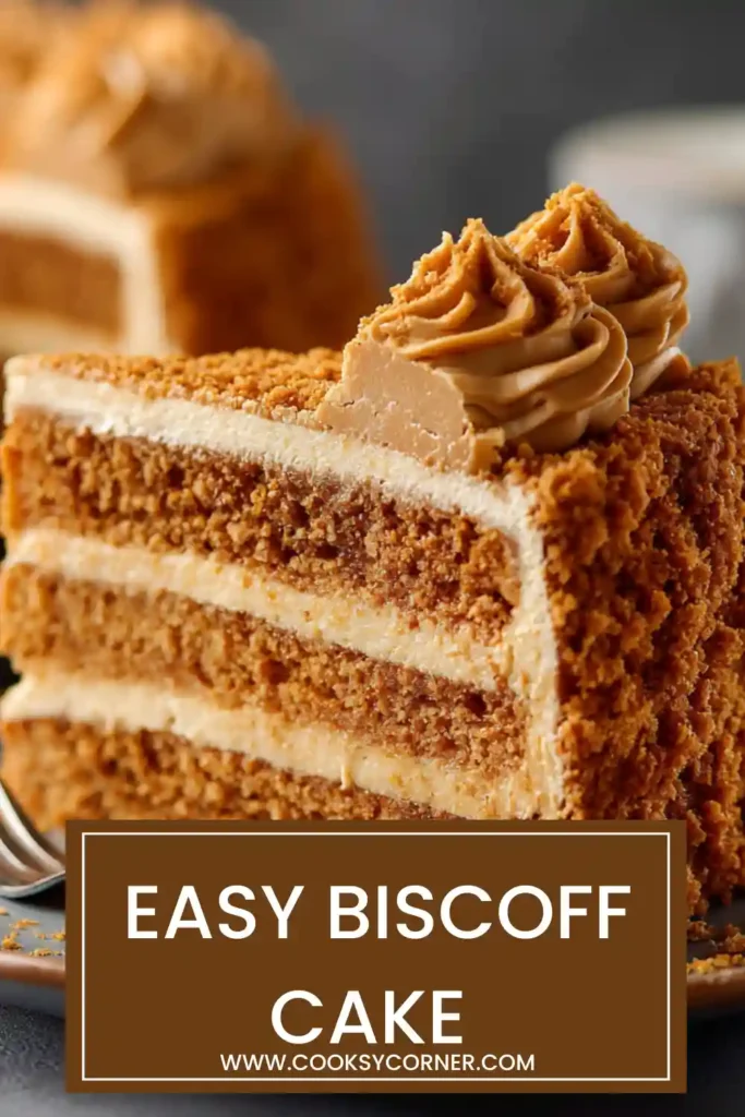 A layered Biscoff Cake covered in creamy cookie butter frosting and topped with crushed Lotus Biscoff cookies. The moist cake layers and smooth frosting create an elegant homemade dessert.