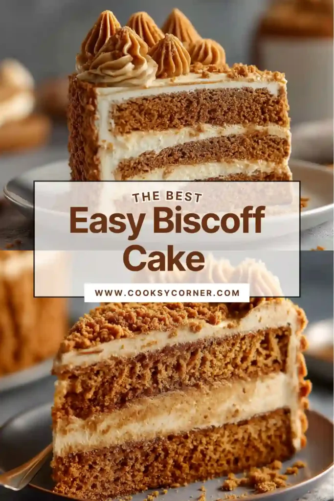 Close-up view of a soft Biscoff Cake slice filled with creamy cookie butter frosting. Crushed caramelized cookies add texture and flavor to the dessert.