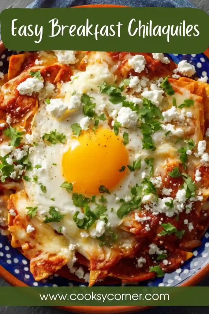 A plate of Easy Breakfast Chilaquiles topped with fried eggs, avocado slices, cotija cheese, cilantro, and red onions. Crispy tortilla chips are coated in rich red enchilada sauce for a flavorful Mexican breakfast.