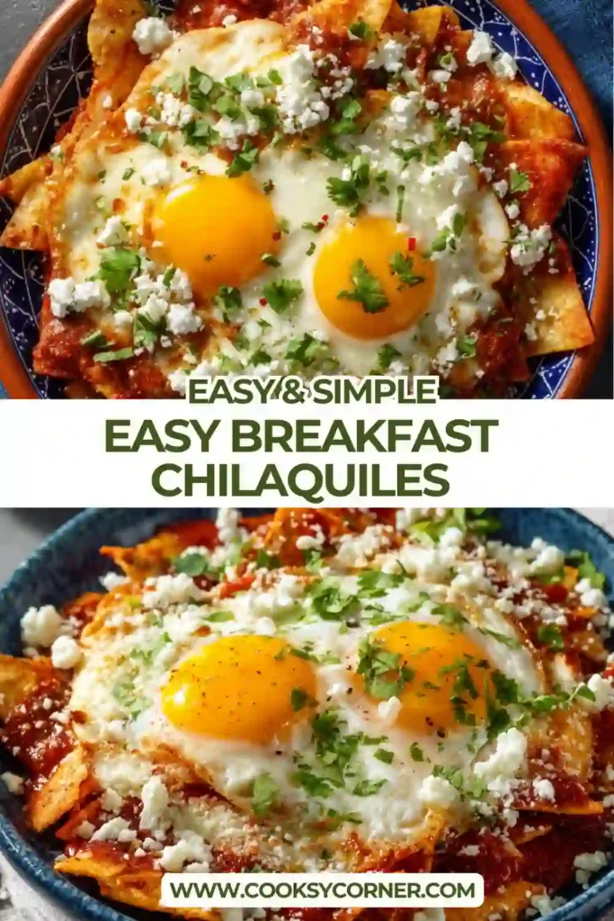 Easy Breakfast Chilaquiles served with black beans, radishes, fried eggs, and fresh cilantro on a white plate. The crispy tortillas and savory red sauce create a comforting brunch dish.