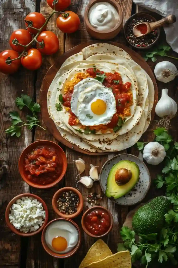 A warm serving of Easy Breakfast Chilaquiles with creamy avocado, sour cream, jalapeños, and cotija cheese. The crispy tortillas are coated in a bold and flavorful red sauce.